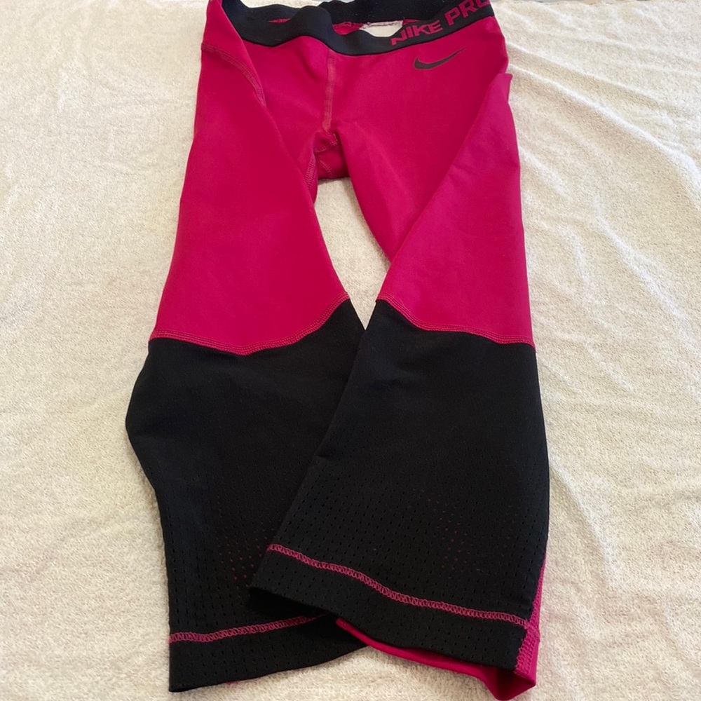 Pink And Black Nike Pro Hypercool Crop Legging: Size Medium